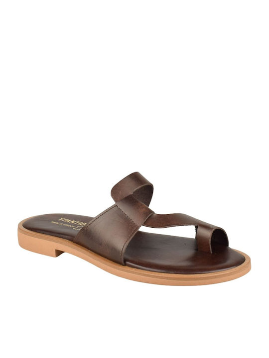 Yfantidis Leather Women's Flat Sandals Brown