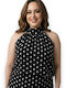 Women's Sleeveless Blouse with Tie at Neck Polka Dot Black with White Polka Dot