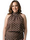 Women's Sleeveless Blouse with Tie at Neck Polka Dot Brown with Beige Polka Dot