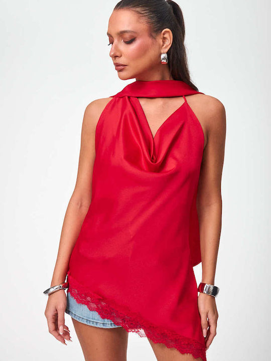 Decoro Women's Satin Blouse with Lace Red