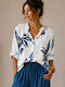 Women's Cotton Blouse with 3/4 Sleeve & V-Neckline Floral White