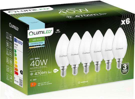 Lumiled LED Glühbirnen 5W für E14 Fassung und B35 Form Kühles Weiß 470lm 6 Stück