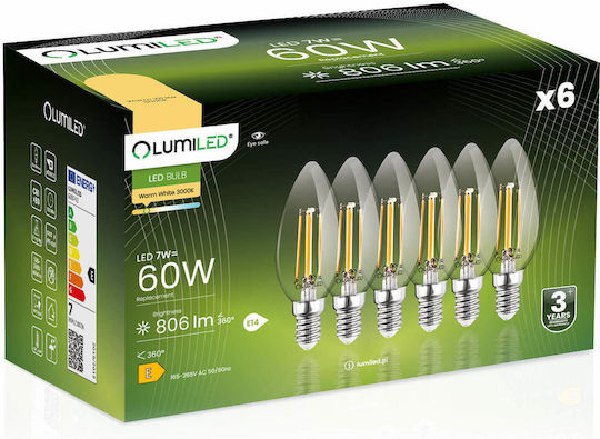 Lumiled LED Glühbirnen 7W für E14 Fassung und B35 Form Warmes Weiß 806lm 6 Stück