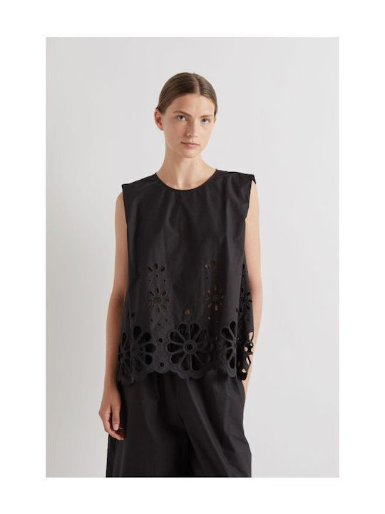Meimeij Women's Sleeveless Floral Black Blouse