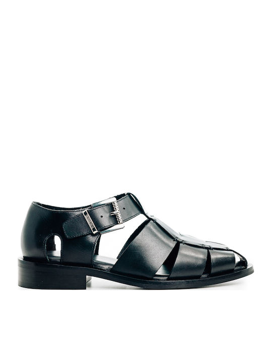 Leder Flache Sandalen für Damen Schwarz