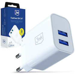 3MK Charger with Integrated Cable with 2 USB-A Ports 10W White (FlowPower)