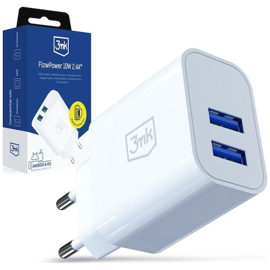 3MK Charger with Integrated Cable with 2 USB-A Ports 10W White (FlowPower)