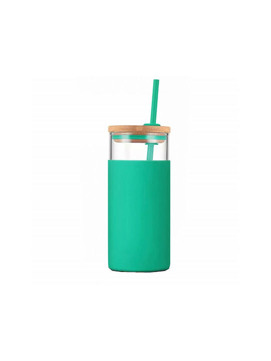 Water Glass in Green Colour with Straw 450ml