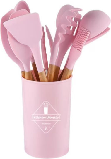 Cooking Utensil Set from Silicone with Stand 12 Pieces Pink Kitchen