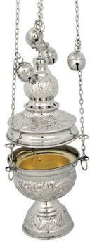 Church Censer Brass Hanging Carved Nickel Plated Size 24 Cm