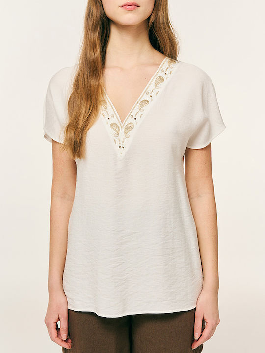 Forel Women's Short Sleeve Blouse with V Neckli...