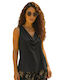 Damen Bluse Satin Ärmellose Drapierung Schwarze