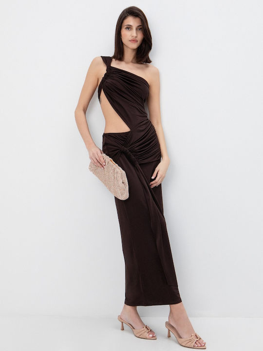 Summer Midi Evening Dress Drape Brown