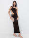 Summer Midi Evening Dress Drape Brown