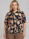 Short Sleeve Women's Denim Shirt Blue Floral