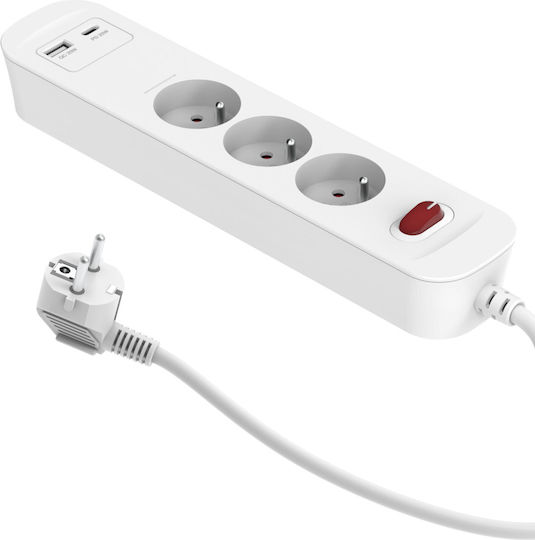 Duwi Разклонител 3 Гнезда с USB-A Превключвател и Кабел 1.4m