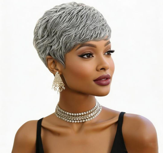 Machine Made Wigs 2 Inch Short Gray Human Hair Feel Women's Wigs Pixie Salt Pepper Mixed Silver Short Layered Machine Made Wigs Light Gray