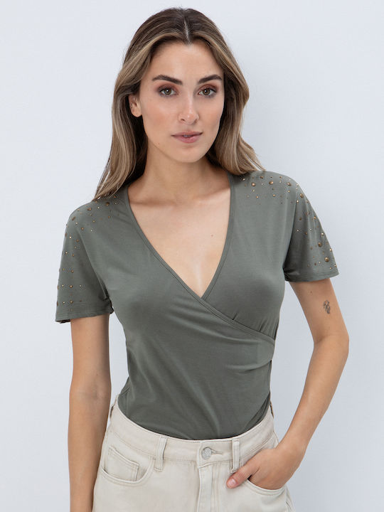 Damen Bluse Kurzärmelig Khaki