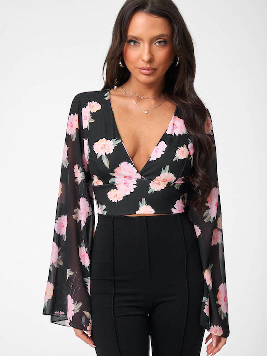 Decoro Γυναικείο Crop Top Floral Μαυρο