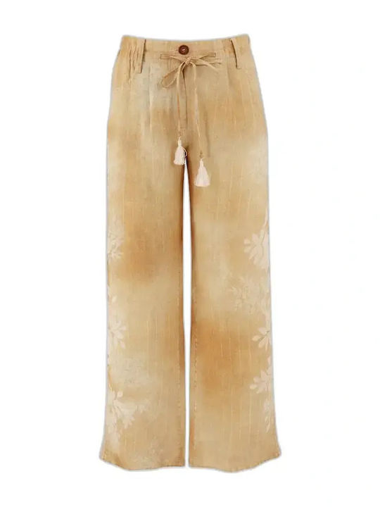 Ermanno Firenze Women's Linen Trousers Floral White
