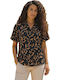 Short Sleeve Women's Denim Shirt Black Floral