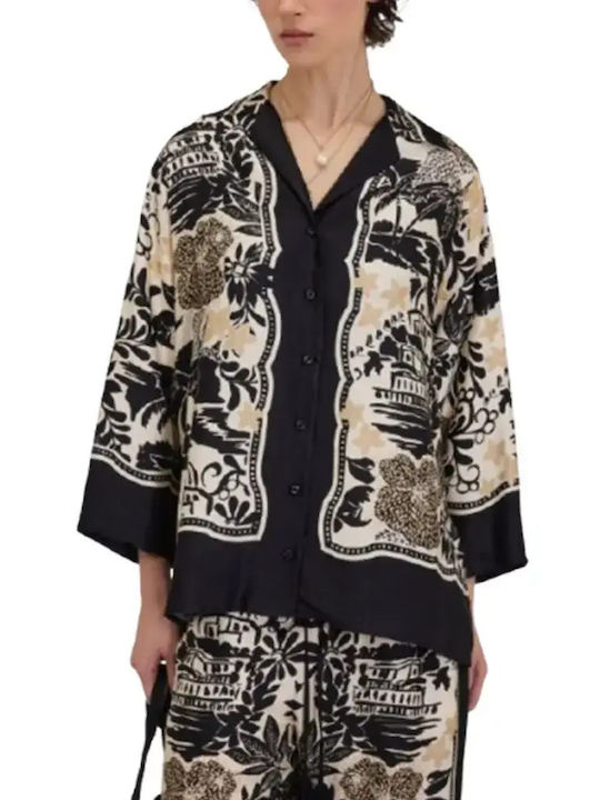 Long Sleeve Women's Cotton Shirt Ecru/Nero D48EK047EC8 MFB61