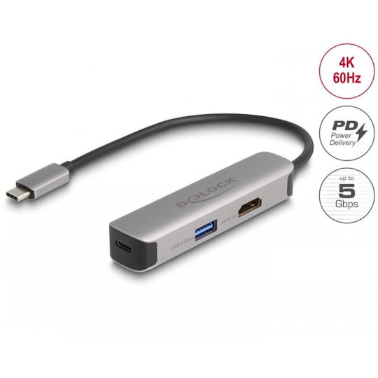 DeLock USB-C Docking Station με HDMI 4K PD Ασημί (61060)