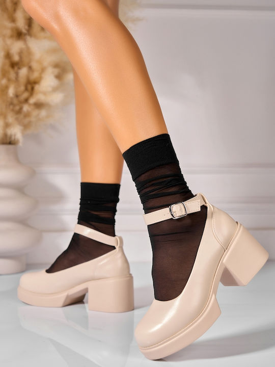 Leather Heels with Medium Heel Beige