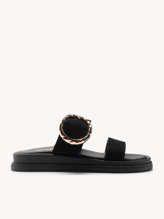 Schwarze Leder Flatforms Mit Großer Metallische...
