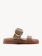 Beige Leder Flatforms Mit Großem Metallischen Schnallen
