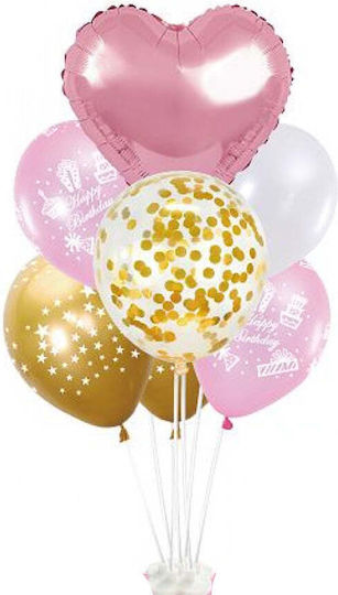 Set 7 Balloons Heart Foil Rose Gold Happy