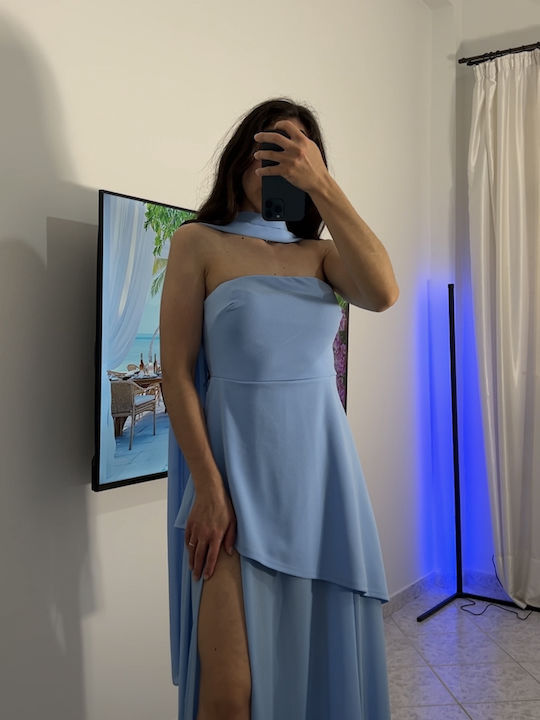 Καλοκαιρινό Maxi Φόρεμα για Γάμο / Βάπτιση Strapless με Τούλι Γαλάζιο