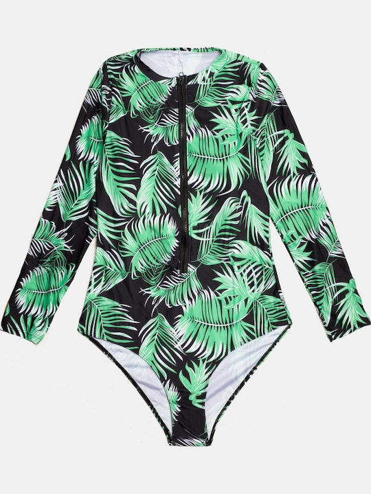 Ολόσωμο Μαγιό Μακρυμάνικο Plus Size Tropical Μέγεθος 4xl Πράσινο Εμπριμέ