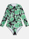 Ολόσωμο Μαγιό Μακρυμάνικο Plus Size Tropical Μέγεθος 4xl Πράσινο Εμπριμέ