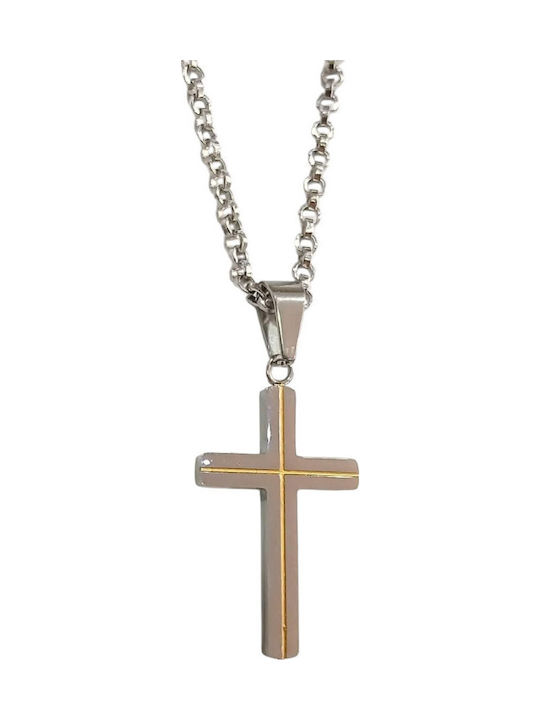 Kalliopi Silver Crucifix Pentru Bărbați Din Oțel Plăcut Cu Aur Cu Lanț