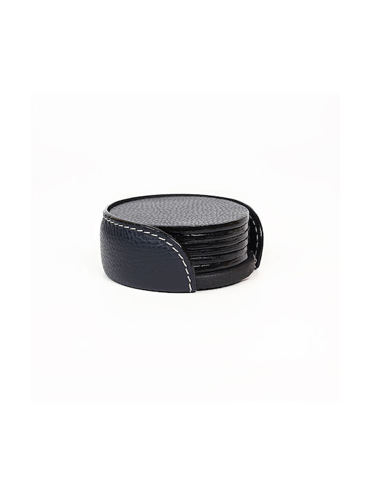 BagCity Round Coaster Made of Artificial Leather with Blue Stand 6 Pieces