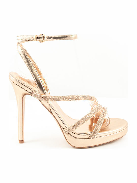 Damen Sandalen mit Strass Gold Leder
