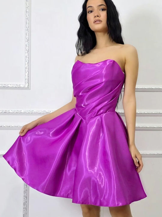 Лятна Mini За Вечерно Излизане Рокля Без Презрамки С Прозрачни Елементи Magenta Violet