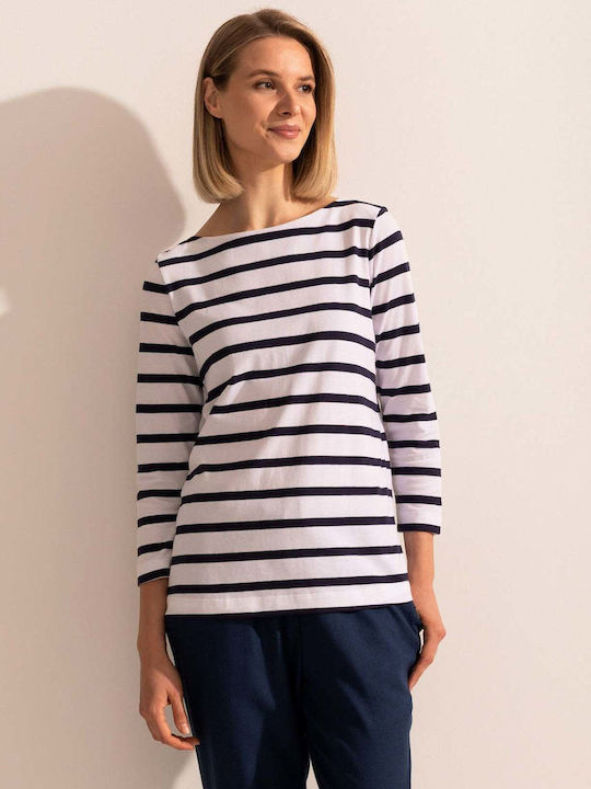 Bluza Damă Bumbac Cu Mânecă 3/4 Și Decolteu În V Model Cu Dungi Albastru Marin