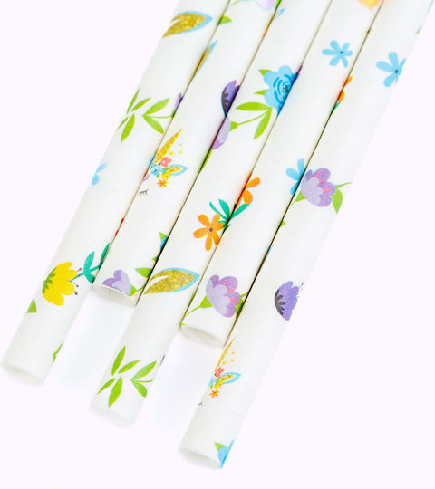 Floral Pattern Paper Straws 25 Pcs 197 Mm Eco Drinks Cocktails Parties Multicolor