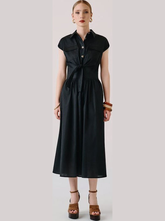 Desiree Summer Midi Shirt Dress Short Sleeve Black