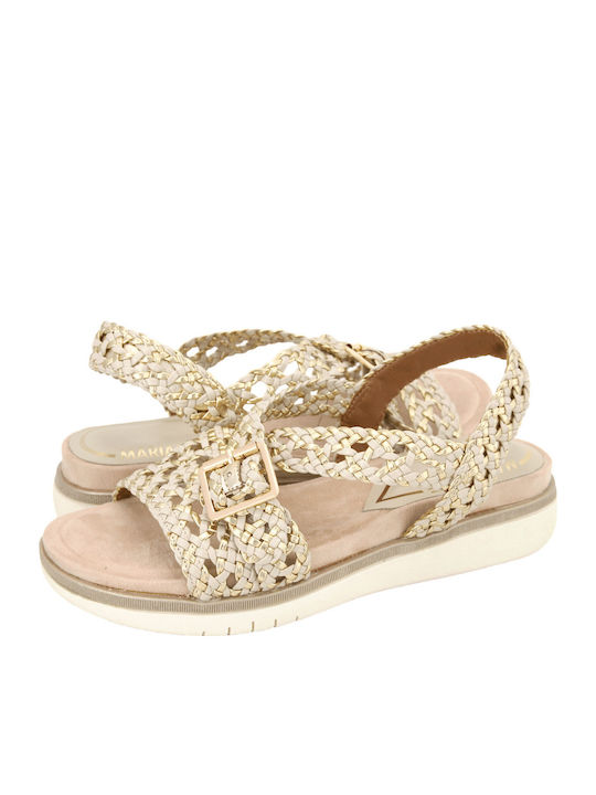 Deri Flache Damen Sandalen Gold