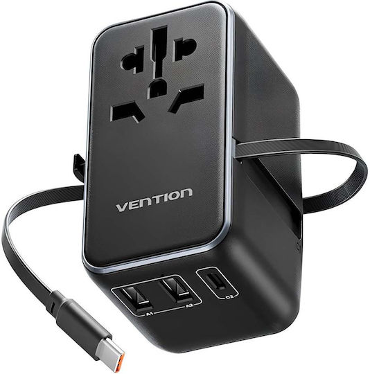 Vention Universal Reiseadapter 3 USB Steckdosen USB-C Kabel Gan Technologie Schwarz