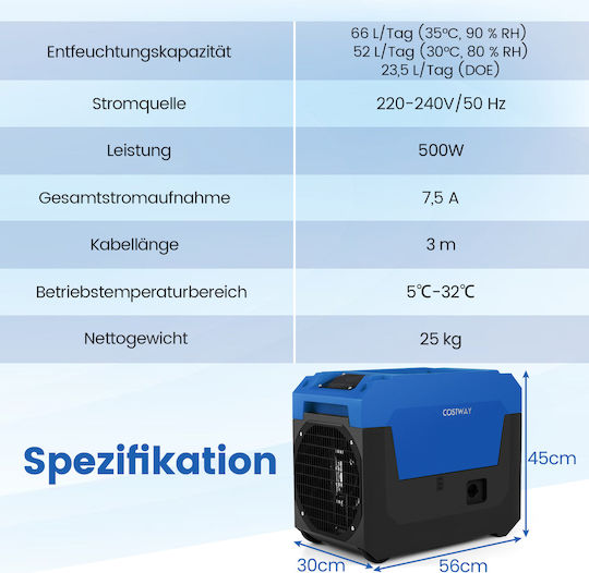 Costway Βιομηχανικός Ηλεκτρικός Αφυγραντήρας 500W