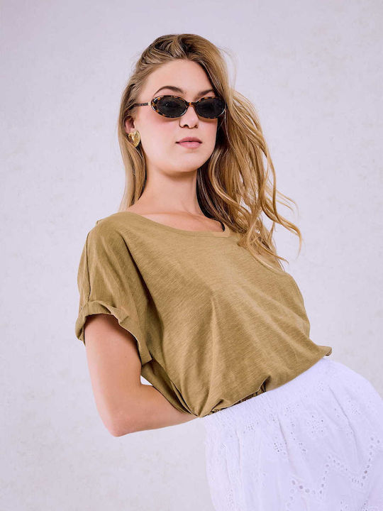 Celestino Women's Blouse Turned Sleeve Loose Fit Camel
