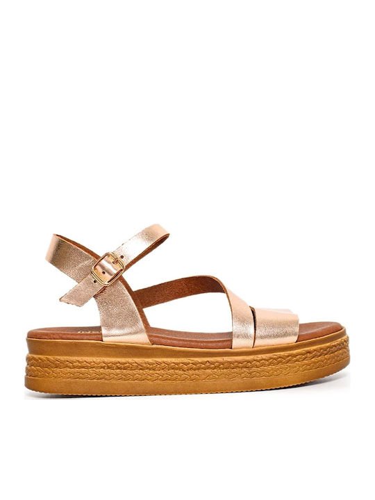 Δερμάτινα Γυναικεία Σανδάλια Flatforms Μπρούτζινο