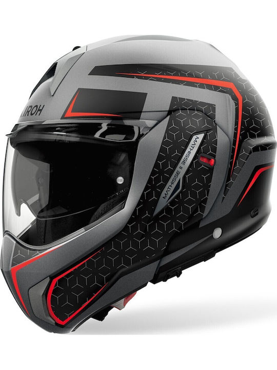 Airoh Mathisse Ii Red Fluorescent Black Grey Matte Motorcycle Helmet Flip-Up ECE 22.06 1680gr with Sun Visor