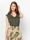 Women's Cotton Sleeveless Blouse with V Neckline Olive