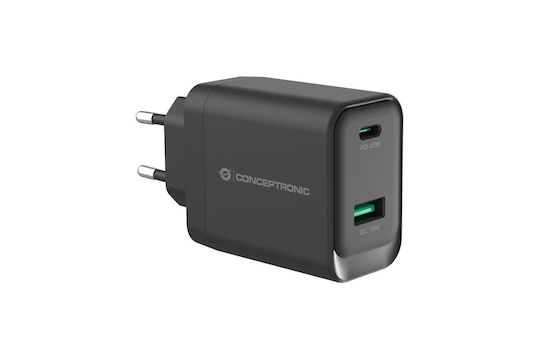 Conceptronic Φορτιστής Χωρίς Καλώδιο GaN με Θύρα USB-A και Θύρα USB-C 45W Power Delivery / Quick Charge 3.0 Μαύρος (ALTHEA20B45)