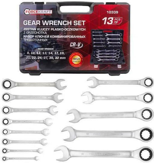 Flat-ring Ratchet Wrench Set 13pcs Forcekraft